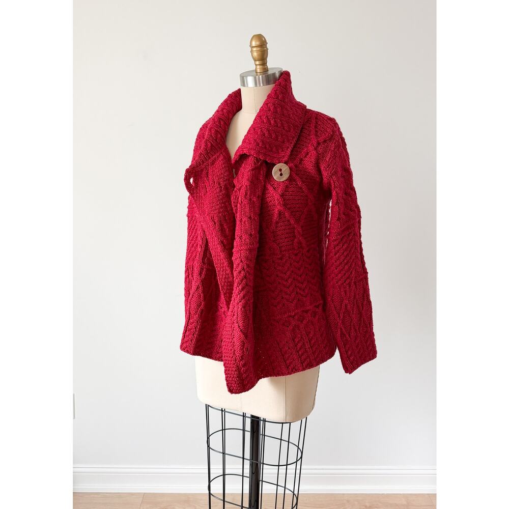 Aran Carraig Donn Irish Cranberry Red 100% Merino Wool Button Knit Sweater - Picture 10 of 11